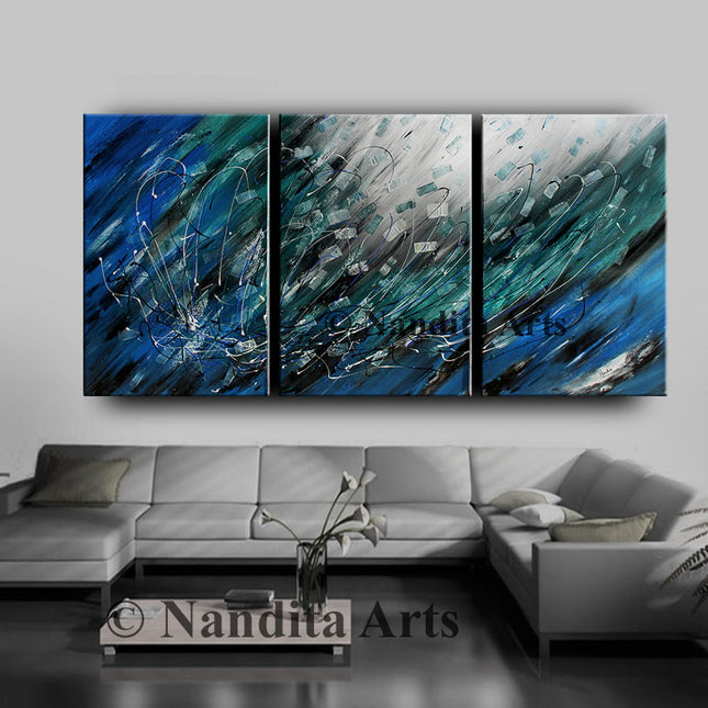 Blue, Teal, Gray, Black & White 3 Framed Original Blue Oil Painting on Canvas – Artist's Premium Edition - Petals of Thought-9