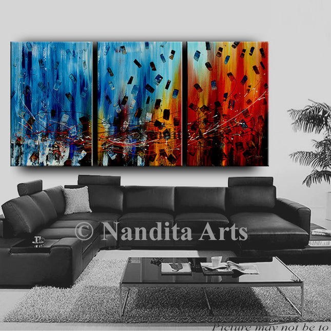 3 Panel Blue Red Abstract Art on Canvas - Blue, Yellow, Orange, Red, Teal, Black, and White Original Oil Painting Living Room Décor - Angel's Steps - 12