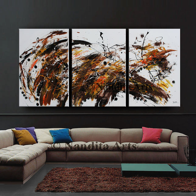 3 Panel  Handmade Modern Wall Art Decor - Red, Yellow, Orange, Black, and White Original Acrylic Painting on Canvas - Passionate Peace - 5