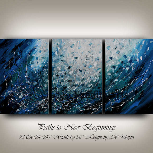 3-Panel Large Blue, Teal, Black & White Abstract Wall Art – Gallery-Wrapped Canvas Painting for Modern Home Decor - Paths to New Beginnings