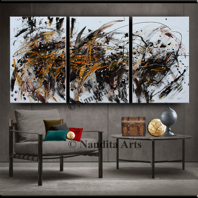 3-Panel Handmade Modern Wall Art – Yellow, Orange, Black & White Acrylic Painting on Canvas | Red-Orange Abstract Décor - Passionate Peace - 4