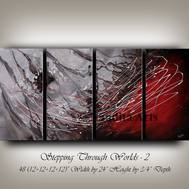 4-Panel Abstract Red Wall Art – Red, Gray, Brown & Black Cool Tone Original Painting on Canvas Framed Artwork - Stepping Through Worlds - 2