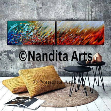 2 Frame Multicolor Red Blue Palette Painting On Canvas Wall Art