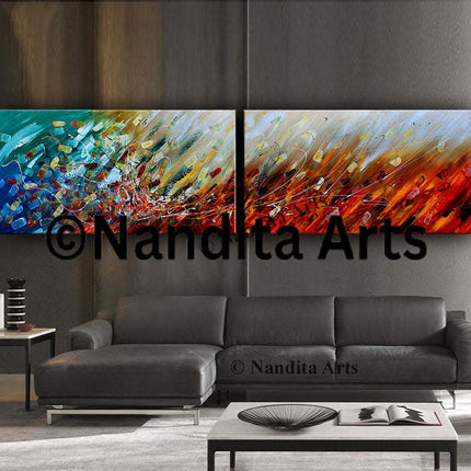 2 Frame Multicolor Red Blue Palette Painting On Canvas Wall Art