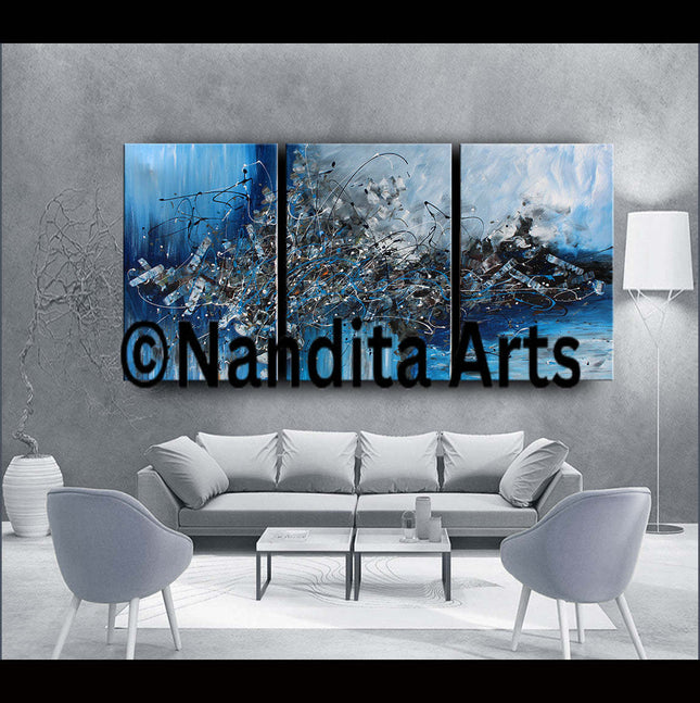 3 Frame Large Modern Wall Art Blue Painting - Original Abstract Wall Art