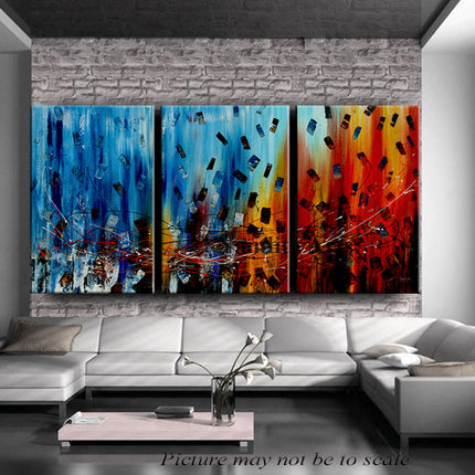 3 Panel Blue Red Abstract Art on Canvas - Original Oil Painting Living Room Décor