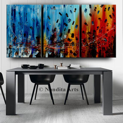 3 Panel Blue Red Abstract Art on Canvas - Original Oil Painting Living Room Décor