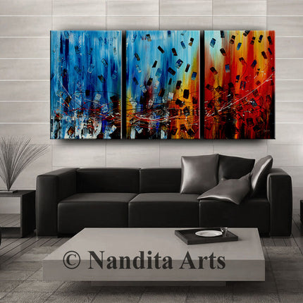 3 Panel Blue Red Abstract Art on Canvas - Original Oil Painting Living Room Décor