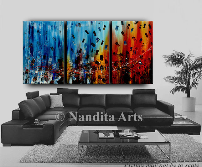 3 Panel Blue Red Abstract Art on Canvas - Original Oil Painting Living Room Décor