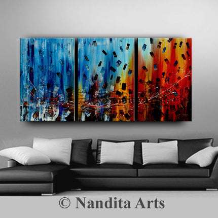 3 Panel Blue Red Abstract Art on Canvas - Original Oil Painting Living Room Décor