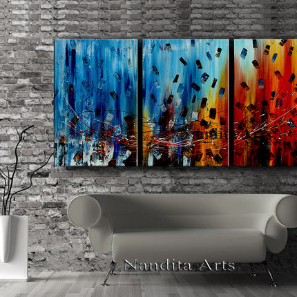 3 Panel Blue Red Abstract Art on Canvas - Original Oil Painting Living Room Décor