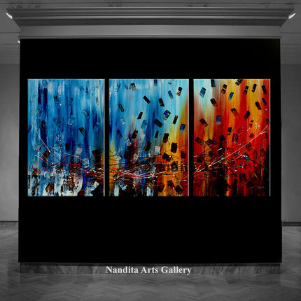 3 Panel Blue Red Abstract Art on Canvas - Original Oil Painting Living Room Décor