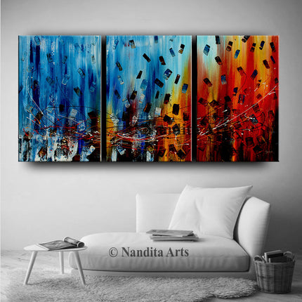 3 Panel Blue Red Abstract Art on Canvas - Original Oil Painting Living Room Décor