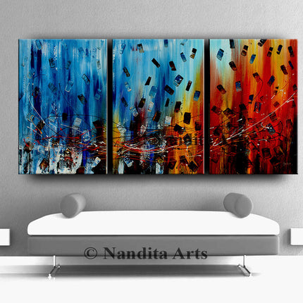 3 Panel Blue Red Abstract Art on Canvas - Original Oil Painting Living Room Décor