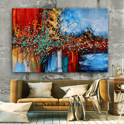 Red Blue Painting Acrylic Abstract Modern Art - Sale