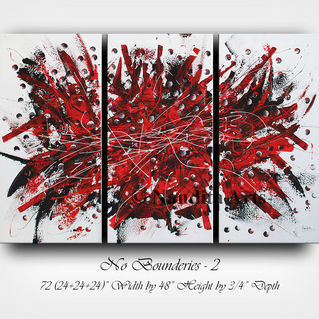 Red, Black, and White 3-Panel Abstract Wall Art on Canvas – Large Modern Oil Painting for Home Décor - No Boundaries - 2