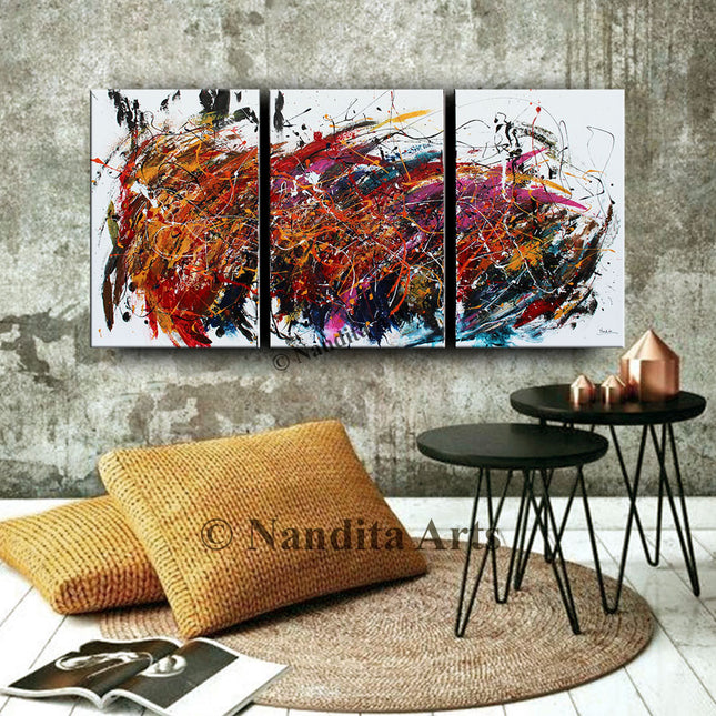Red, Orange, Yellow, Teal, Pink, Blue, White and Black Luxury 3-Panel Jackson Pollock–Style Abstract Wall Art | Unique Modern Home Décor - Passionate Peace - 9