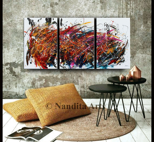 Jackson Pollock Style Home Decoration Set of 3 Panels Unique Luxury Wall Art - Passionate Peace - 9