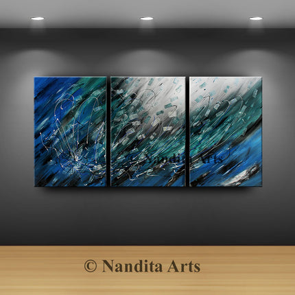 3 Framed Original Blue Oil Painting on Canvas - Artist's Premium Edition