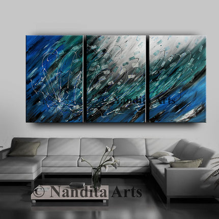 3 Framed Original Blue Oil Painting on Canvas - Artist's Premium Edition