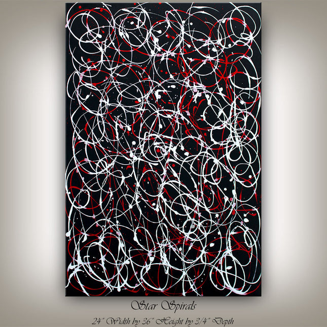Red, Black, and White Abstract Painting – Bold Modern Art on Canvas - Star Spirals