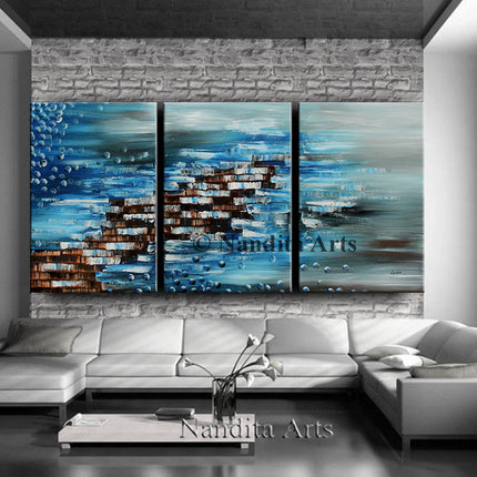 Modern 3 Panels Canvas Wall Art - Blue Abstract Art - The Other Side