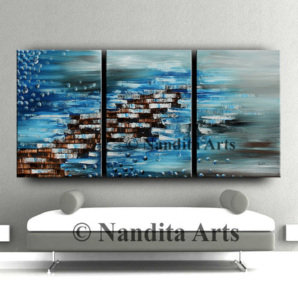 Modern 3 Panels Canvas Wall Art - Blue Abstract Art - The Other Side