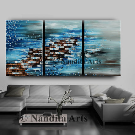 Modern 3 Panels Canvas Wall Art - Blue Abstract Art - The Other Side