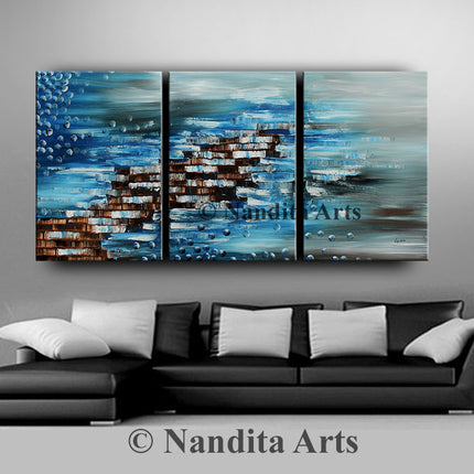 Modern 3 Panels Canvas Wall Art - Blue Abstract Art - The Other Side