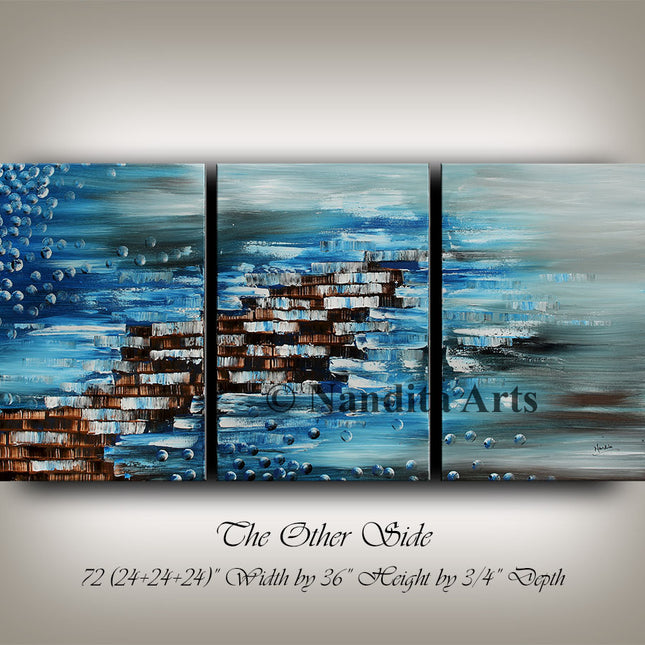Light Blue, Brown, Teal, Black, white and Gray Modern 3-Panel Canvas Wall Art – Blue Abstract Art for Contemporary Home Décor- The Other Side