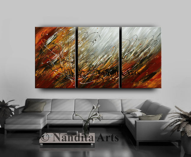 Red Orange 3 Panel Abstract Wall Art For Bedroom Décor Painting SALE