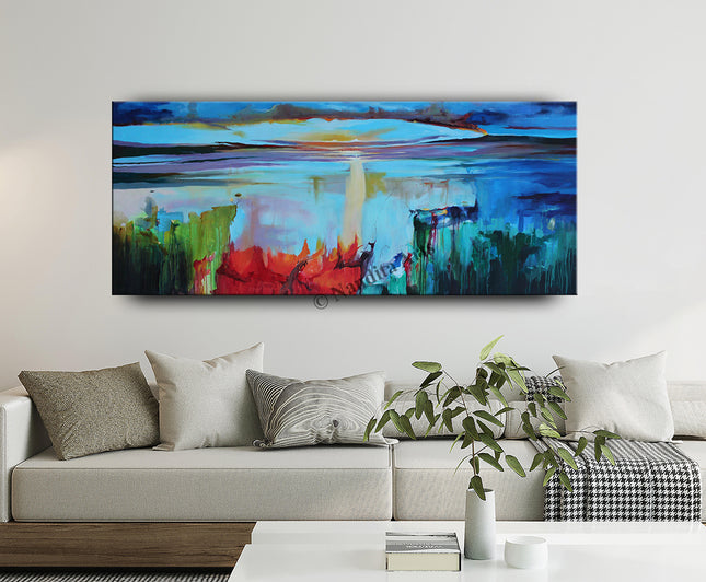 Panoramic Landscape Modern Abstract Wall Art on Canvas Blue Landscape Art for Living Room 72"x30" / 182.88x76.2cm- Dawn on a New World