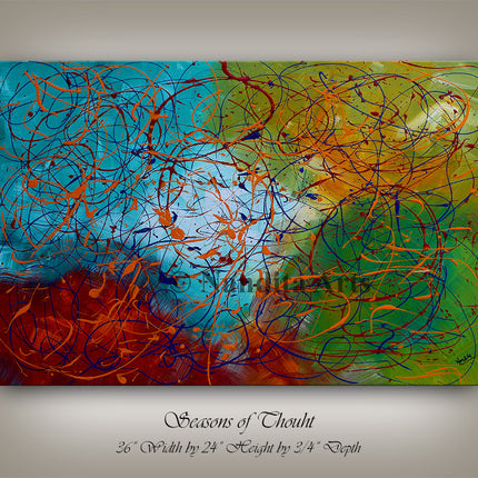 Multicolor Drip Expressionist Modern Abstract Jackson Pollack Style Artwork on Canvas for Bedroom - Seasons of Thought