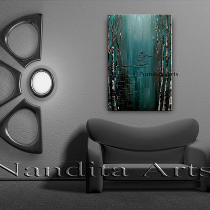 Green, Teal, Brown & White Abstract Landscape Painting – Large Modern Canvas Wall Art - Water Path -1