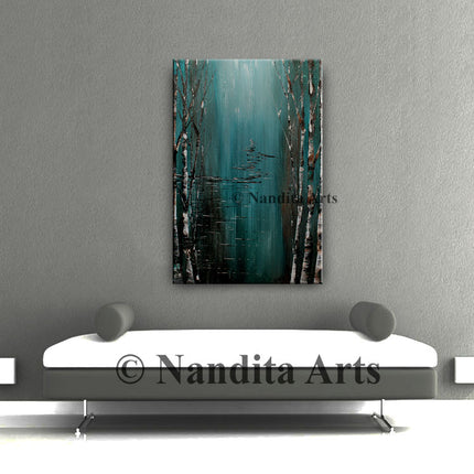 Green, Teal, Brown & White Abstract Landscape Painting – Large Modern Canvas Wall Art - Water Path -1