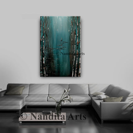 Green, Teal, Brown & White Abstract Landscape Painting – Large Modern Canvas Wall Art - Water Path -1