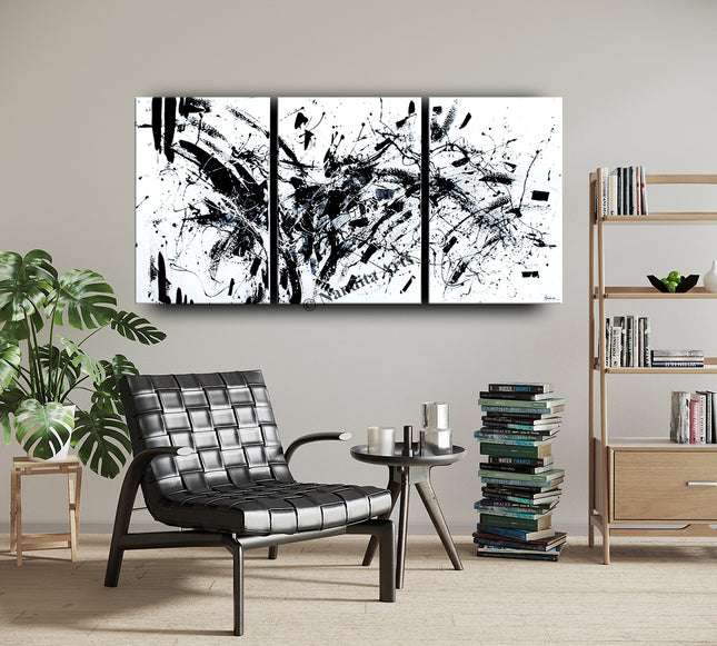 Black and white modern wall art - 3 Panels canvas art original painting