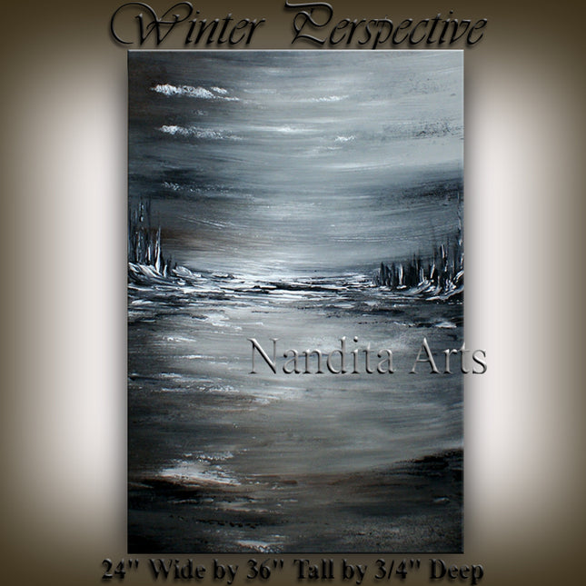 Gray, Black, and White Abstract Canvas Art  Expressionism Beach Acrylic Art - Winter Perspective