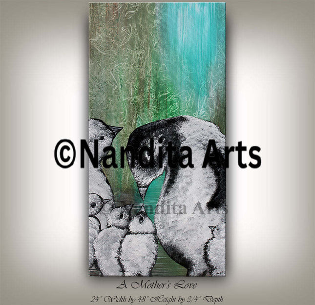 Adorable Penguin Painting Wall Art on Canvas Original acrylic painting - A Mother's Love