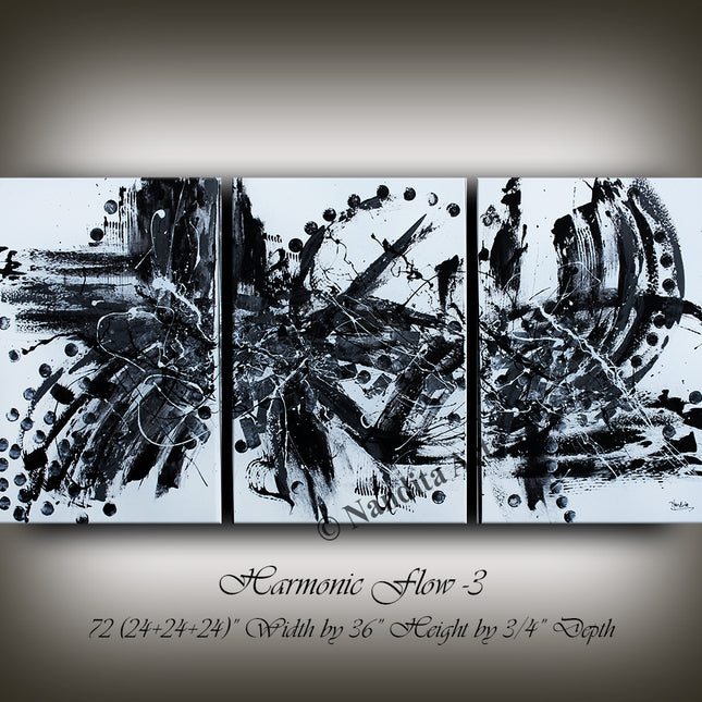 Black & Blue Modern Wall Art - Large Luxury Artwork - 3 Panel Canvas Painting - Harmonic Flow - 3