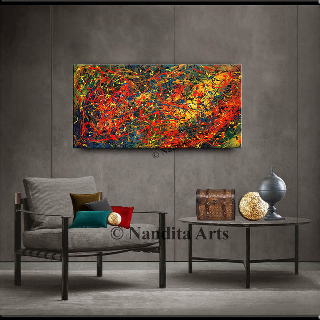 Bold Abstract Wall Art in Red, Orange, Yellow, Green, Black & White  Jackson Pollack Style Handmade Abstract Painting for Office - clouds of fire-23