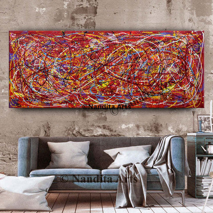 Red Pollack Style Art on Canvas Abstract Modern Artwork for Dining Room -  Aligned Perfectly - 3