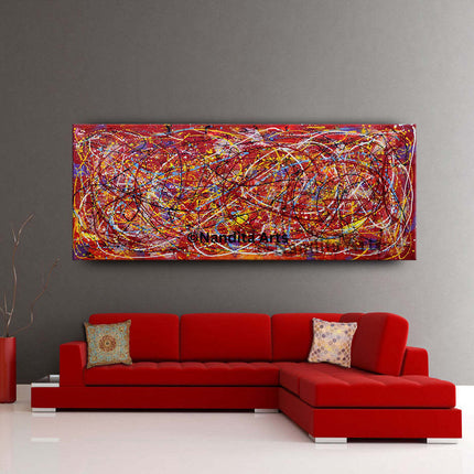 Red Pollack Style Art on Canvas Abstract Modern Artwork for Dining Room -  Aligned Perfectly - 3