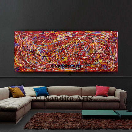 Red Pollack Style Art on Canvas Abstract Modern Artwork for Dining Room -  Aligned Perfectly - 3