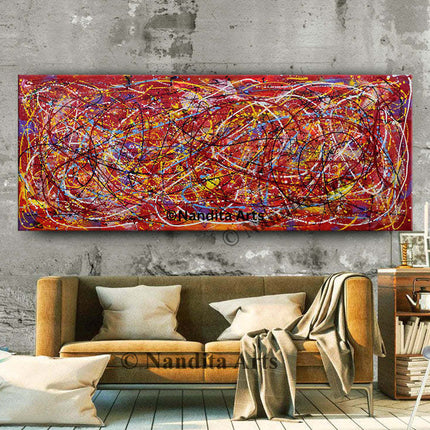 Red Pollack Style Art on Canvas Abstract Modern Artwork for Dining Room -  Aligned Perfectly - 3