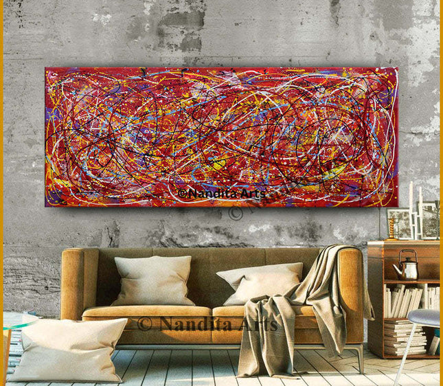 Red Pollack Style Art on Canvas Abstract Modern Artwork for Dining Room -  Aligned Perfectly - 3