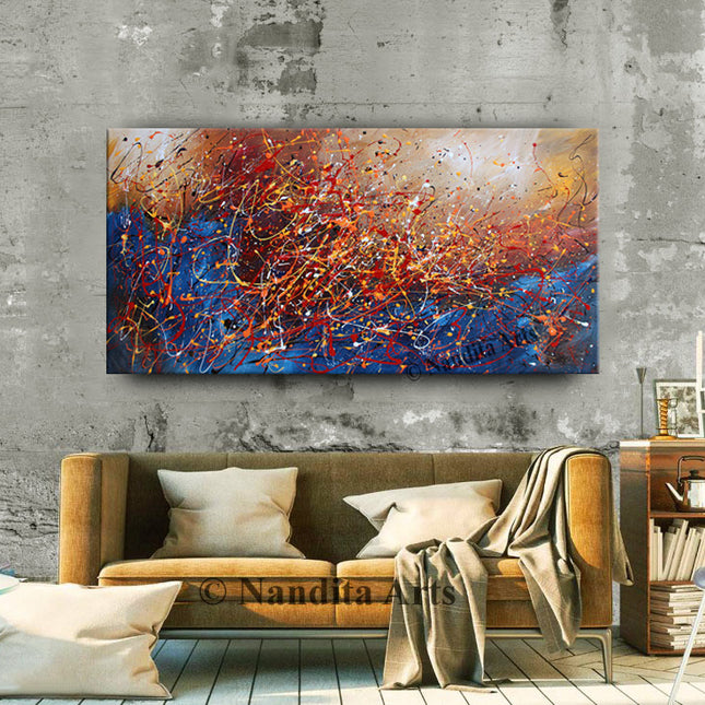 Large Abstract Modern Wall Art – Blue, Gold, Orange, Yellow, Black & White Canvas Painting for Bedroom Décor- Galactic Inspiration - 4