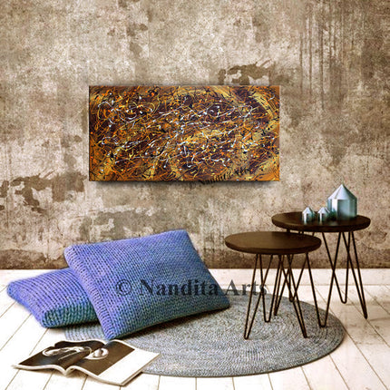 Gold Jackson Pollock Style Abstract Wall Art – Modern Drip Canvas Painting for Bedroom Décor - Heart of Gold - 5