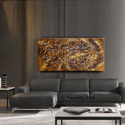 Gold Jackson Pollock Style Abstract Wall Art – Modern Drip Canvas Painting for Bedroom Décor - Heart of Gold - 5