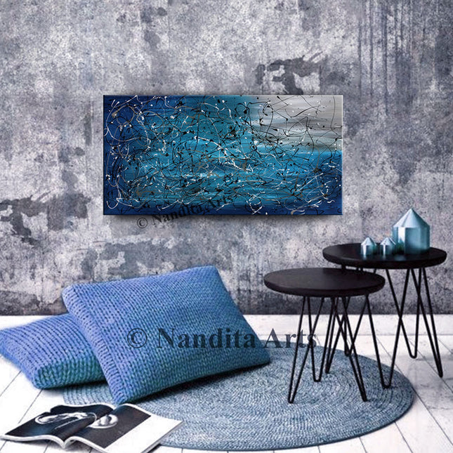 Large Abstract Wall Art Painting – Blue Jackson Pollock Style Canvas Art for Bedroom Décor | Glacial Storm - 5